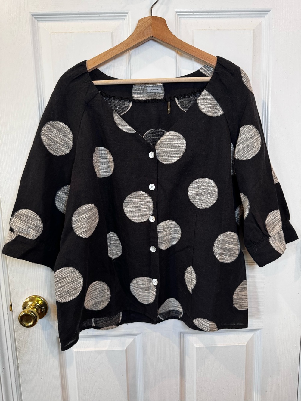 Symple NYC Black Polka Dot Top Lagenlook Boxy Loose Large Blouse Linen Cotton